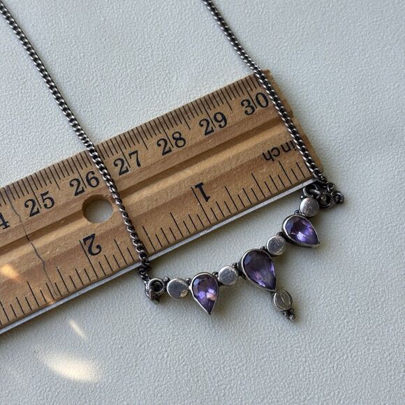 925 Sterling Silver Amethyst Necklace Artisan Design Pear Drop Stones 16” Toggle - Picture 7 of 7
